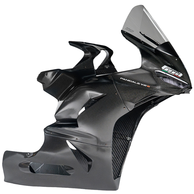 Feel Racing FR.012.KIT Carbon-Rennverkleidung montiert für die Ducati Panigale V2 890 — sichtbares Carbongewebe und getönte Scheibe