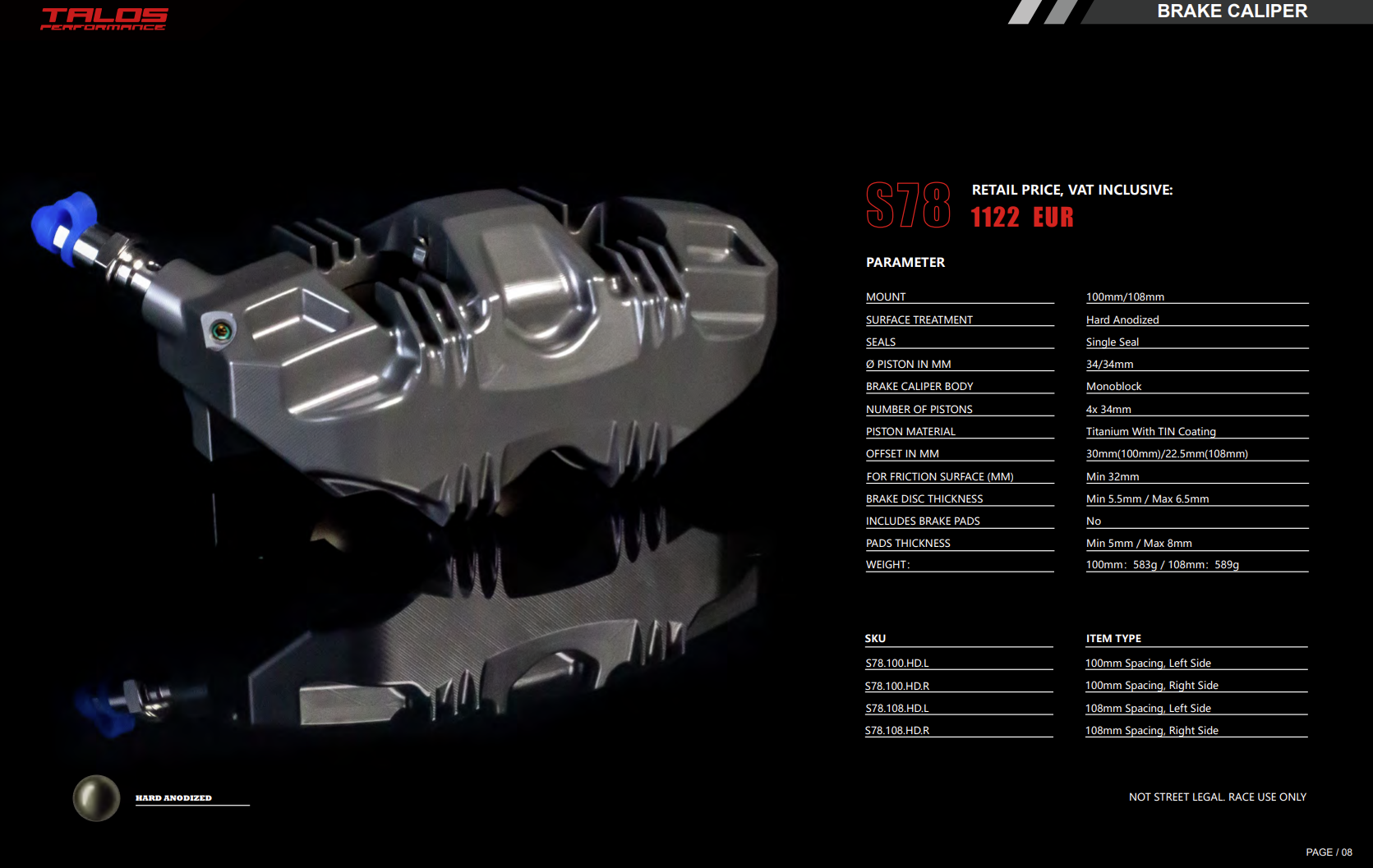 Talos S78 Monoblock P4 34/34 108mm kočiona čeljust prednja desna | X78.108.HD.R 