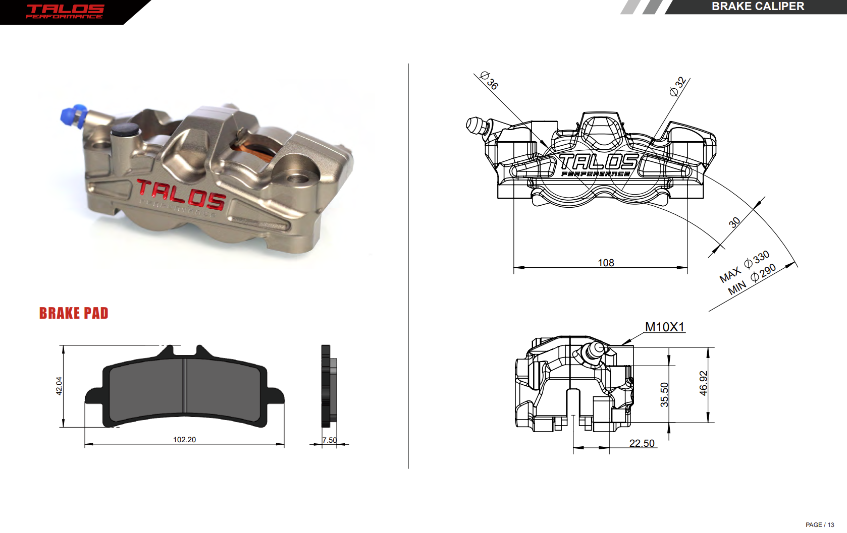 Talos X50 Dvodijelna P4 32/36 108mm Kočiona kliješta Sprijeda Lijevo | X50.108.HD.L 