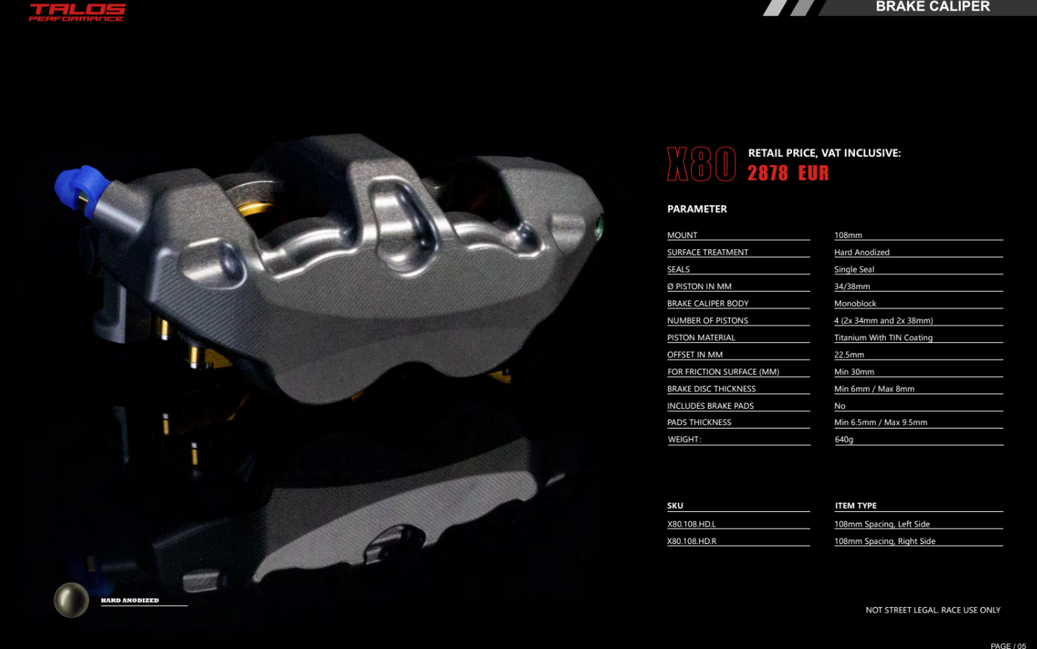 Talos X80 SBK Racing Monoblock P4 34/38 108mm kočiona čeljust sprijeda lijevo | X80.108.HD.L 