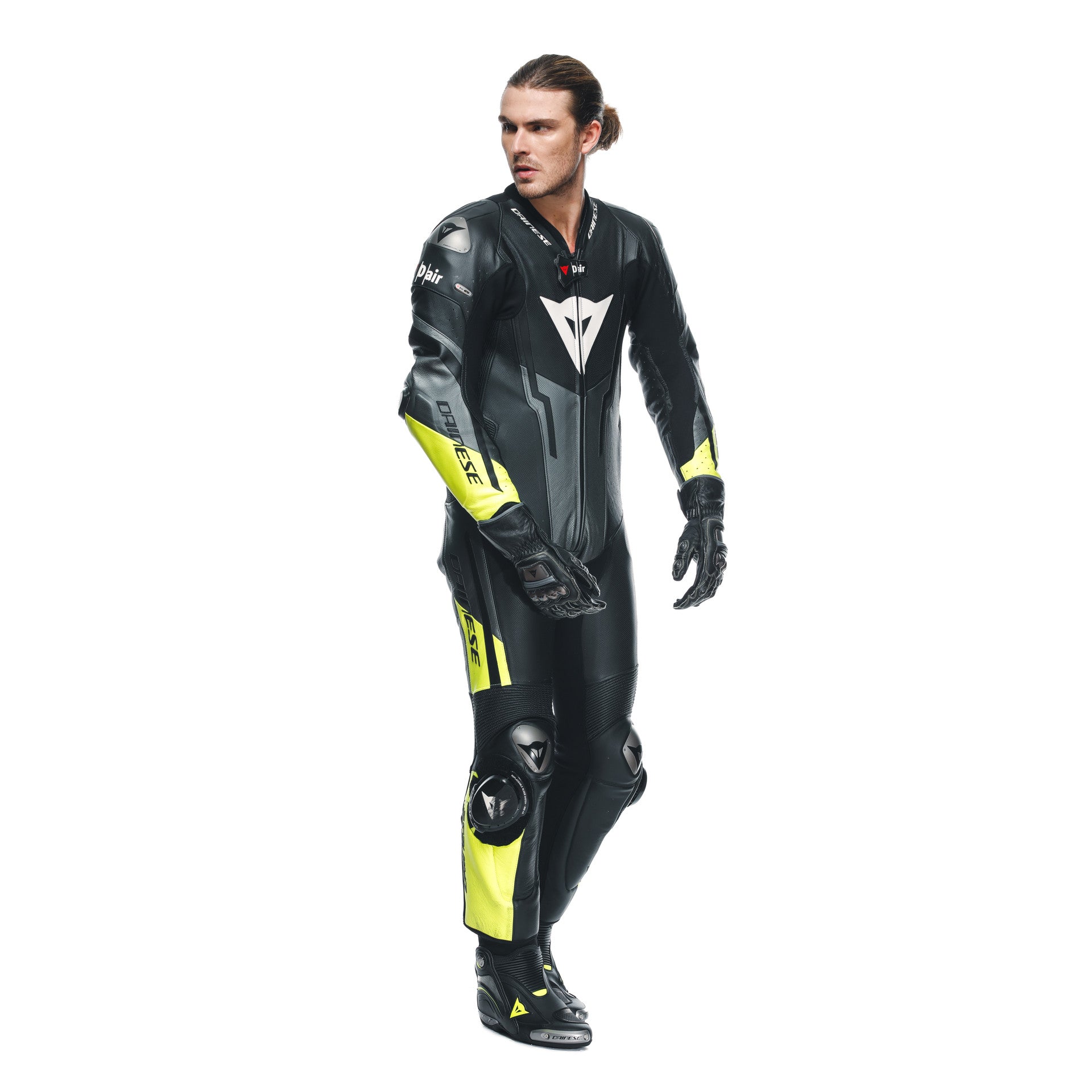 Dainese Misano 3 D-AIR® kombinezon Kožno odijelo – Perforirano zračno jastuče trkaći odijelo | Muški | Crna/Neon Žuta 