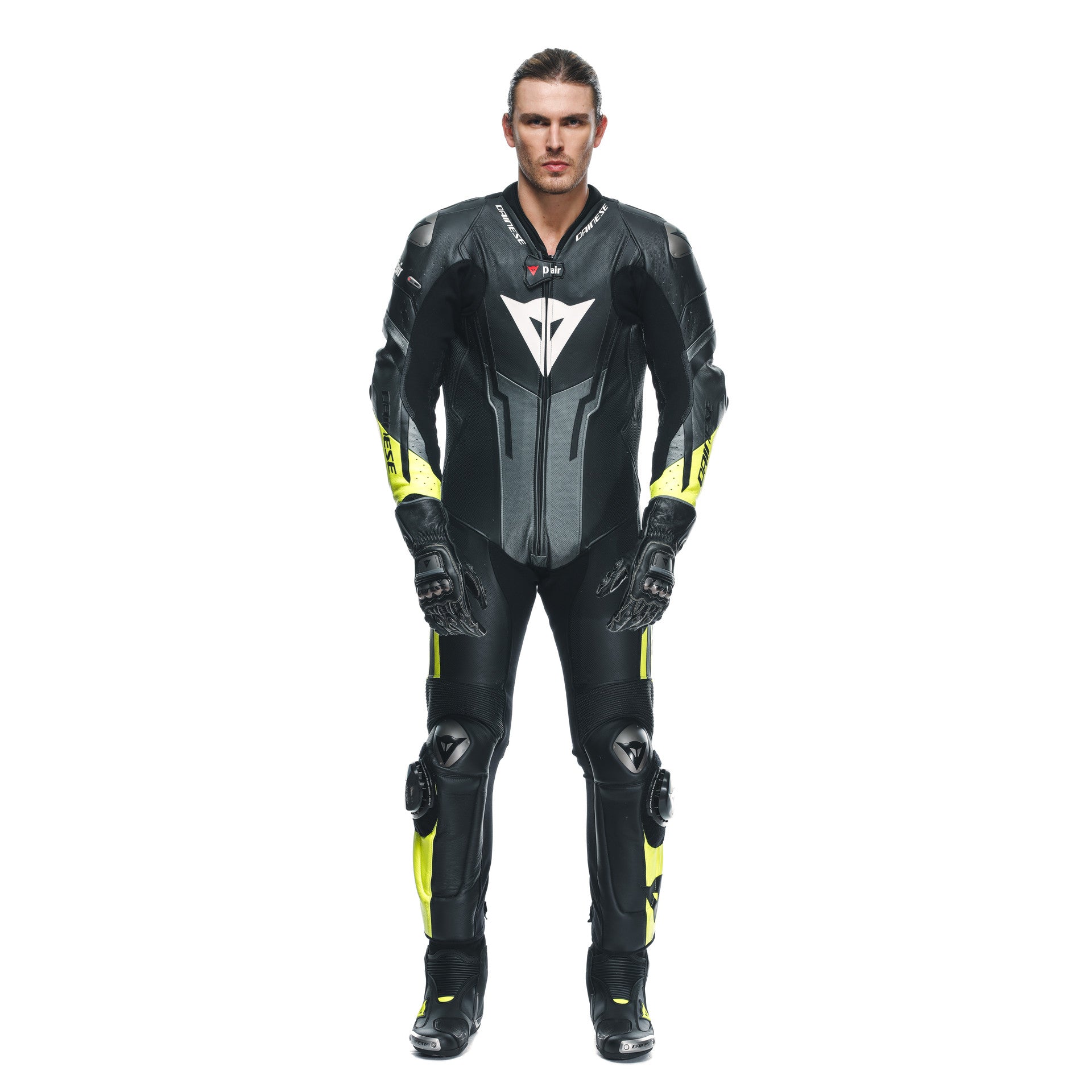 Dainese Misano 3 D-AIR® kombinezon Kožno odijelo – Perforirano zračno jastuče trkaći odijelo | Muški | Crna/Neon Žuta 