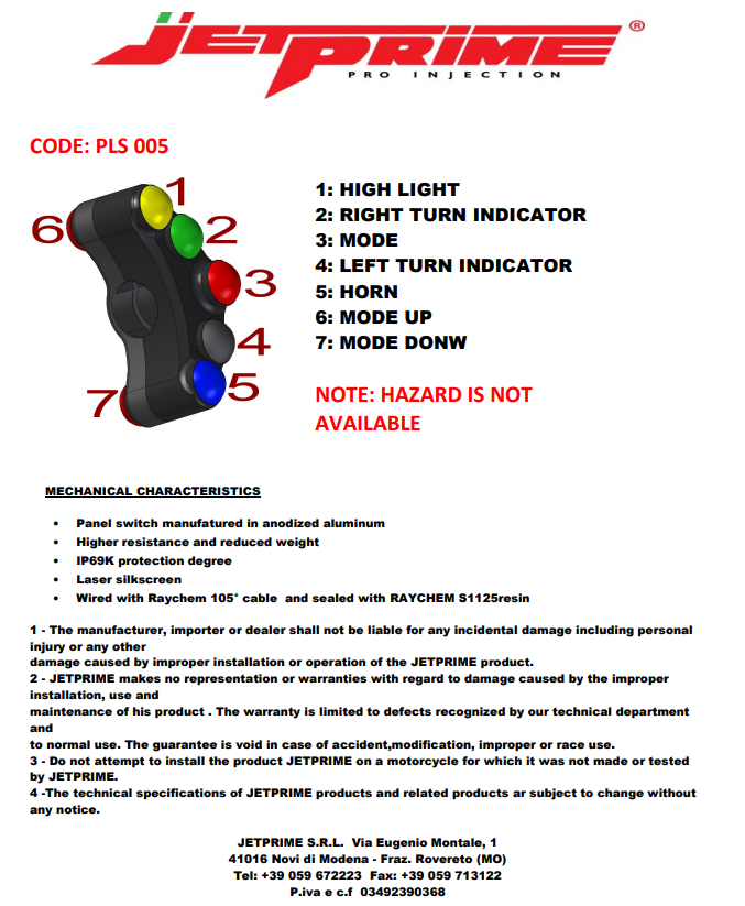 Upravljački prekidač lijevi JetPrime za Ducati Panigale 1199/R/S (12-17) JP PLS 005 