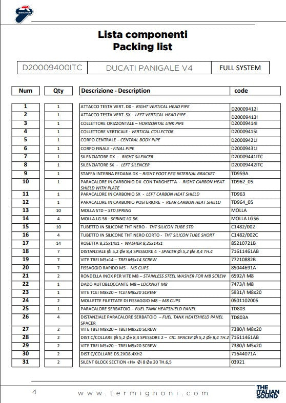 Termignoni kompletna ispušna sustava od nehrđajućeg čelika D200 RHT Ducati Panigale V4 R (19-24) D20009400ITC 