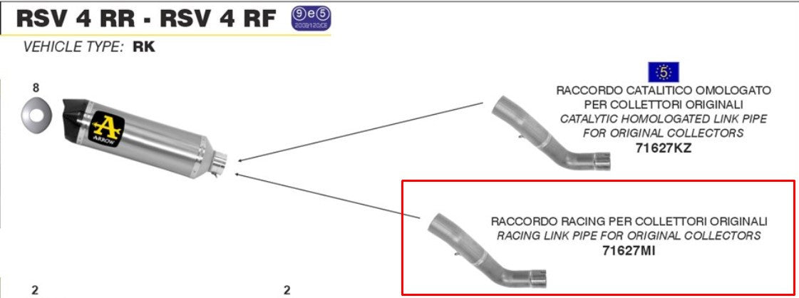 Arrow srednji ispušni sustav od nehrđajućeg čelika za Aprilia RSV4/RR/RF (15-16) 71627MI 